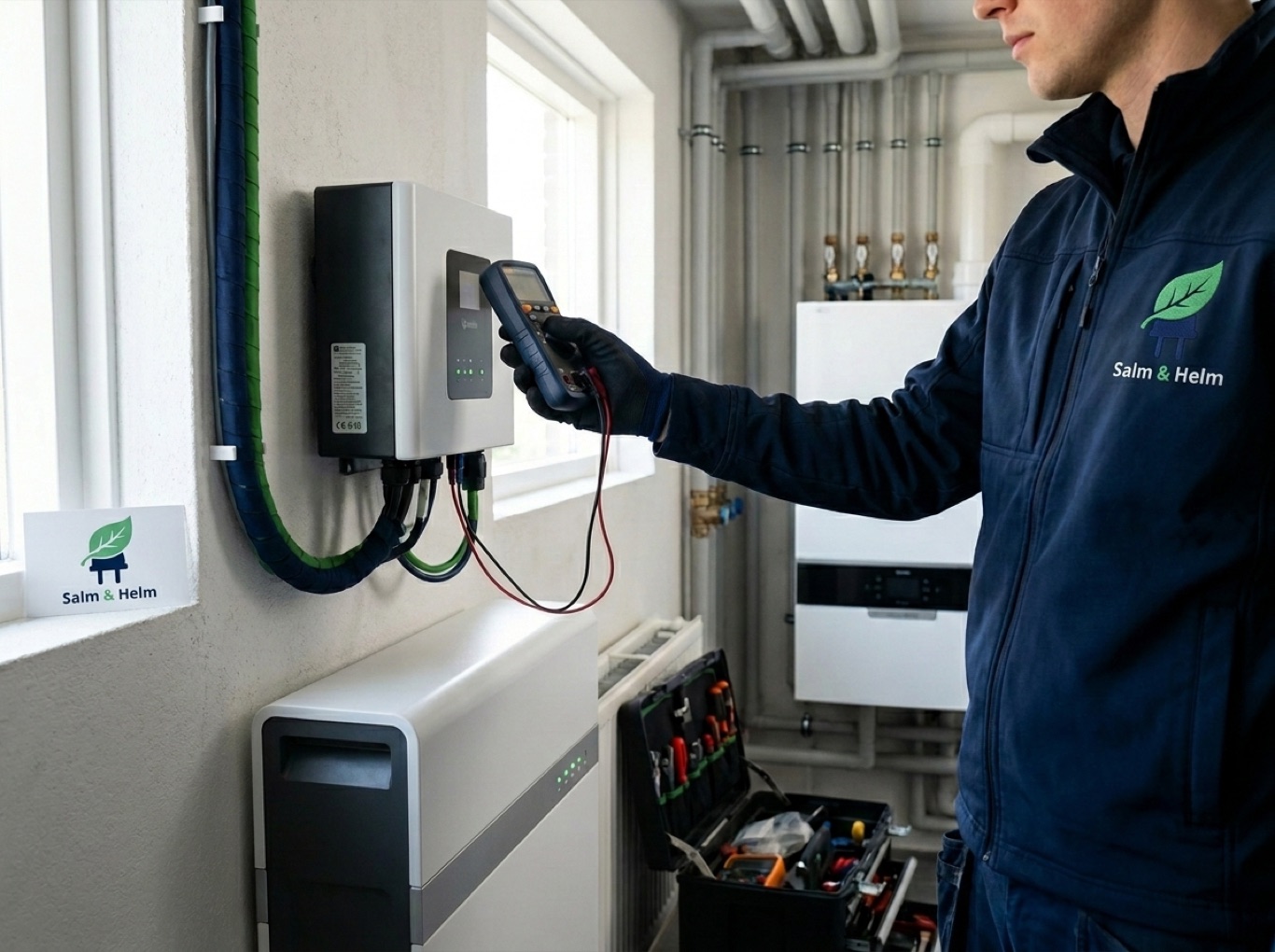 Monteur van Salm & Helm controleert een thuisbatterij en omvormer