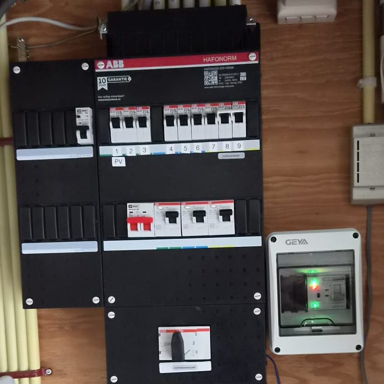 De groepenkast in de meterkast, met rechts het compacte ATS-kastje voor de noodstroom