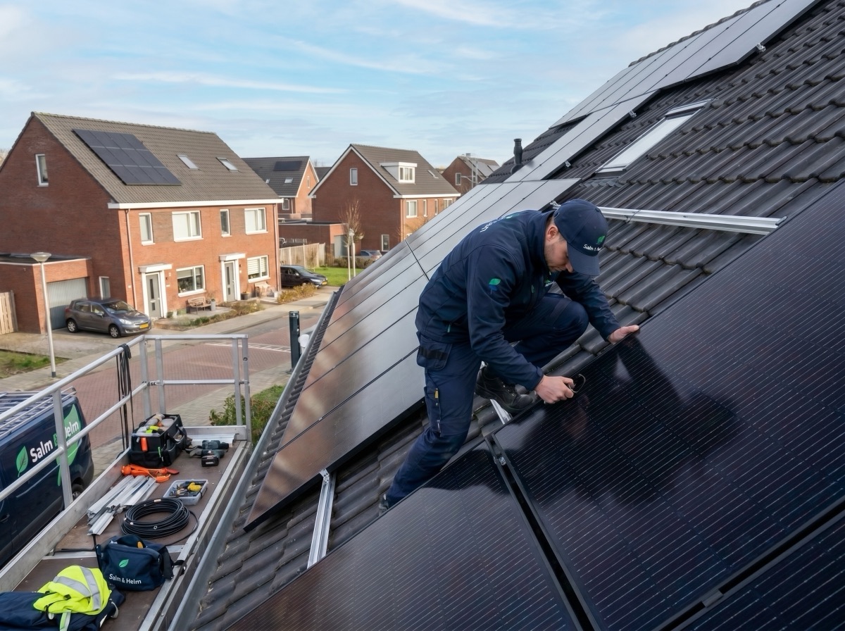 Monteur van Salm & Helm installeert zonnepanelen op een dak